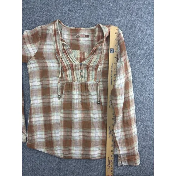 Prana Popover Shirt Women's XS Brown Plaid Button Front Long Sleeve Drawstring - Picture 4 of 6